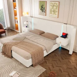 Okwish Lit Coffre 180x200 cm - Lit Adulte avec LED et 2 Tiroirs - Velours + MDF - Sans Matelas - Beige Outlet