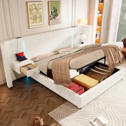 Okwish Lit Coffre 180x200 cm - Lit Adulte avec LED et 2 Tiroirs - Velours + MDF - Sans Matelas - Beige Outlet
