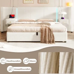 Okwish Lit Coffre 180x200 cm - Lit Adulte avec LED et 2 Tiroirs - Velours + MDF - Sans Matelas - Beige Outlet