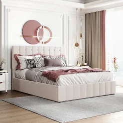 Okwish Lit Coffre 140x200 cm - Lit avec Rangement Intégré et Mécanisme Hydraulique, en Velours Blanc, Sans Matelas