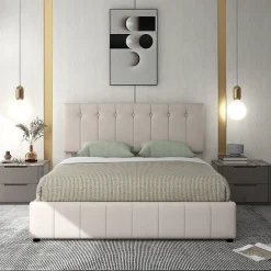 Okwish Lit Coffre 140x200 cm - Lit avec Rangement Intégré et Mécanisme Hydraulique, en Velours Blanc, Sans Matelas
