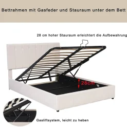 Okwish Lit Coffre 140x200 cm - Lit avec Rangement Intégré et Mécanisme Hydraulique, en Velours Blanc, Sans Matelas
