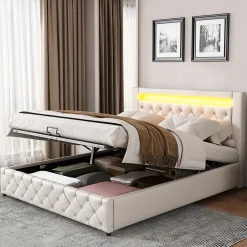 Okwish Lit Coffre 140x190 cm - Lit Capitonné avec Rangement et LED, Sommier à Lattes Inclus, Simili Cuir - sans Matelas - Blanc