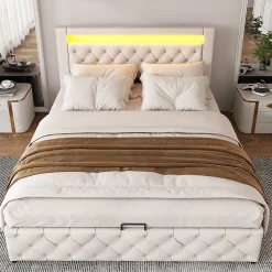 Okwish Lit Coffre 140x190 cm - Lit Capitonné avec Rangement et LED, Sommier à Lattes Inclus, Simili Cuir - sans Matelas - Blanc