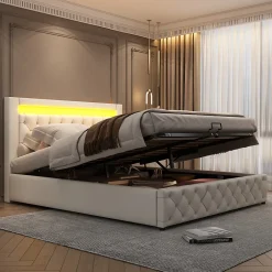Okwish Lit Coffre 140x190 cm - Lit Capitonné avec Rangement et LED, Sommier à Lattes Inclus, Simili Cuir - sans Matelas - Blanc