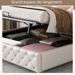 Okwish Lit Coffre 140x190 cm - Lit Capitonné avec Rangement et LED, Sommier à Lattes Inclus, Simili Cuir - sans Matelas - Blanc