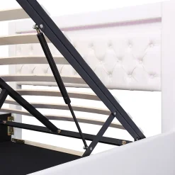 Okwish Lit Coffre 140x190 cm - Lit Capitonné avec Rangement et LED, Sommier à Lattes Inclus, Simili Cuir - sans Matelas - Blanc