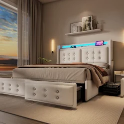 Okwish Lit coffre 160x200 cm - Lit capitonné double avec 4 tiroirs et USB-C - Coton - Sans Matelas - Beige