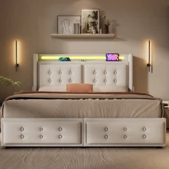 Okwish Lit coffre 160x200 cm - Lit capitonné double avec 4 tiroirs et USB-C - Coton - Sans Matelas - Beige