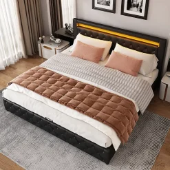 Okwish Lit Coffre 140x190 cm - Lit Capitonné avec Rangement et LED, Sommier à Lattes Inclus, Simili Cuir - sans Matelas - Noir Best