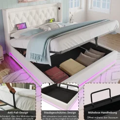 Okwish Lit coffre 180x200 cm - Lit coffre hydraulique avec USB Type-C et LED - PU - Sans Matelas - Blanc Outlet