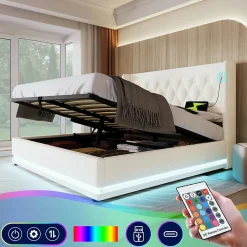 Okwish Lit coffre 180x200 cm - Lit coffre hydraulique avec USB Type-C et LED - PU - Sans Matelas - Blanc Outlet