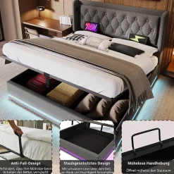 Okwish Lit coffre 160x200 cm - Lit coffre hydraulique avec USB Type-C - Coton - Sans Matelas - Gris Sale