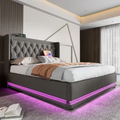 Okwish Lit coffre 160x200 cm - Lit coffre hydraulique avec USB Type-C - Coton - Sans Matelas - Gris Sale