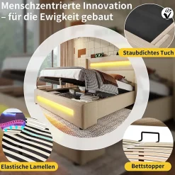 Okwish Lit coffre 140x200 cm - Lit coffre double avec Rangement Hydraulique, Éclairage LED et USB Type-C, Velours Beige, Matelas Inclus Outlet