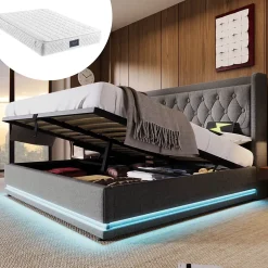 Okwish Lit coffre 160x200 cm - Lit coffre hydraulique avec USB Type-C et LED - Coton - avec Matelas - Gris New