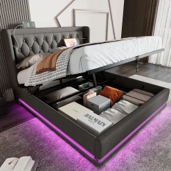 Okwish Lit coffre 160x200 cm - Lit coffre hydraulique avec USB Type-C et LED - Coton - avec Matelas - Gris New