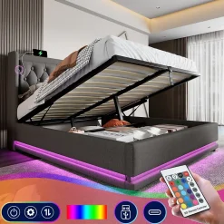 Okwish Lit coffre 160x200 cm - Lit coffre hydraulique avec USB Type-C et LED - Coton - avec Matelas - Gris New