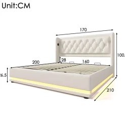 Okwish Lit coffre 160x200 cm - Lit coffre hydraulique avec USB Type-C et LED - PU - Sans Matelas - Blanc