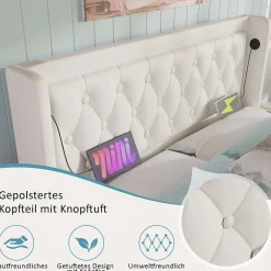 Okwish Lit coffre 160x200 cm - Lit coffre hydraulique avec USB Type-C et LED - PU - Sans Matelas - Blanc