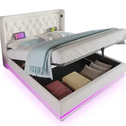 Okwish Lit coffre 160x200 cm - Lit coffre hydraulique avec USB Type-C et LED - PU - Sans Matelas - Blanc