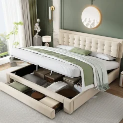 Generique Lit coffre 180x200 cm - Lit coffre hydraulique avec 2 tiroirs et sommier à lattes - Velours - Sans Matelas - Beige