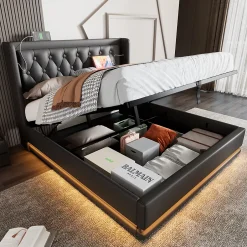 Generique Lit coffre 180x200 cm - Lit coffre hydraulique avec USB Type-C et LED - PU - Sans Matelas - Noir