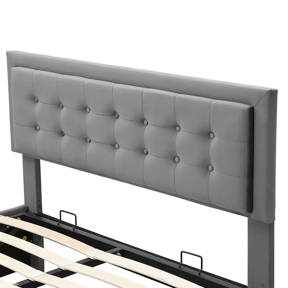 Generique Lit coffre 140x190 cm - Lit coffre hydraulique avec 2 tiroirs et sommier à lattes - Capitonné Velours - Sans Matelas - Gris Outlet