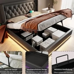 Okwish Lit coffre 140x200 cm - Lit coffre hydraulique avec USB Type-C et LED - PU - avec Matelas - Noir