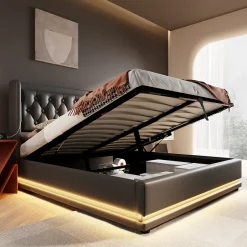 Okwish Lit coffre 140x200 cm - Lit coffre hydraulique avec USB Type-C et LED - PU - avec Matelas - Noir