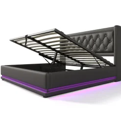 Okwish Lit coffre 140x200 cm - Lit coffre hydraulique avec USB Type-C et LED - PU - avec Matelas - Noir