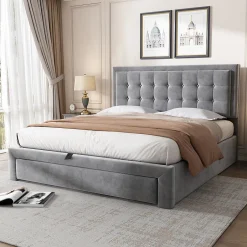 Generique Lit coffre 140x200 cm - Lit coffre hydraulique avec 2 tiroirs et sommier à lattes en bois - Velours - Sans Matelas - Gris