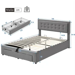 Generique Lit coffre 140x200 cm - Lit coffre hydraulique avec 2 tiroirs et sommier à lattes en bois - Velours - Sans Matelas - Gris