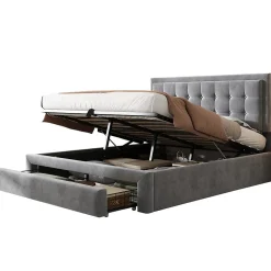 Generique Lit coffre 140x200 cm - Lit coffre hydraulique avec 2 tiroirs et sommier à lattes en bois - Velours - Sans Matelas - Gris