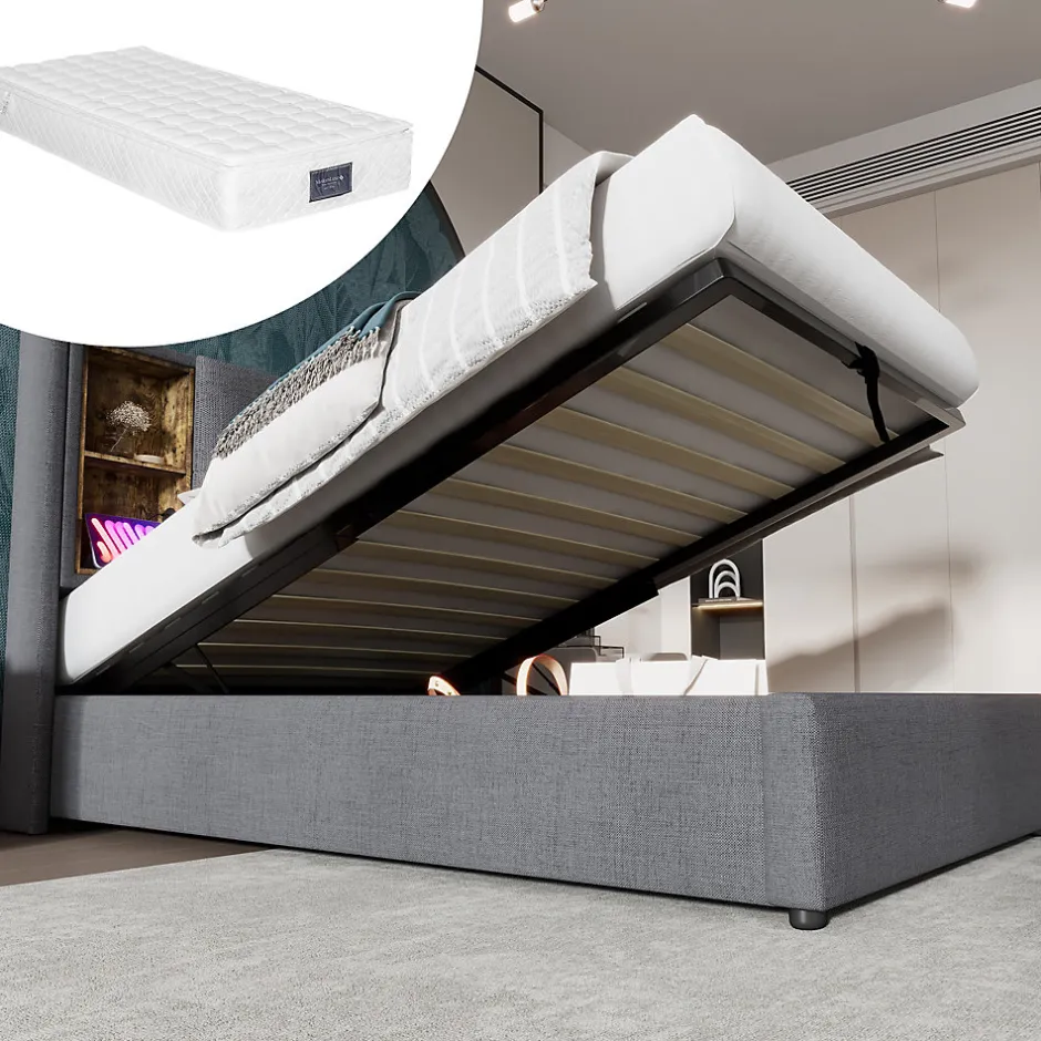 Okwish Lit Coffre 90x200 cm - Lit Coffre Capitonné Simple avec Wireless Charging et USB C, Coton Gris, Matelas Inclus