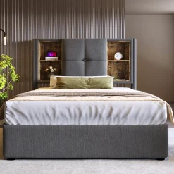 Okwish Lit Coffre 90x200 cm - Lit Coffre Capitonné Simple avec Wireless Charging et USB C, Coton Gris, Matelas Inclus