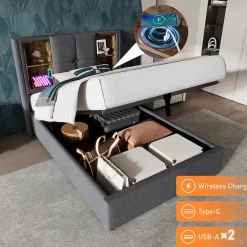 Okwish Lit Coffre 90x200 cm - Lit Coffre Capitonné Simple avec Wireless Charging et USB C, Coton Gris, Matelas Inclus