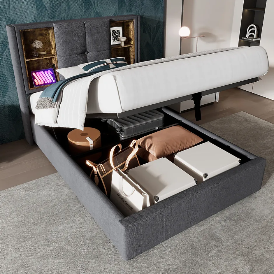 Okwish Lit Coffre 90x200 cm - Lit Coffre Capitonné Simple avec Wireless Charging et USB C, Coton Gris, Matelas Inclus