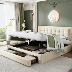 Okwish Lit coffre 160x200 cm - Lit coffre hydraulique avec 2 tiroirs et sommier à lattes - Velours - Sans Matelas - Beige