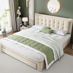 Okwish Lit coffre 160x200 cm - Lit coffre hydraulique avec 2 tiroirs et sommier à lattes - Velours - Sans Matelas - Beige
