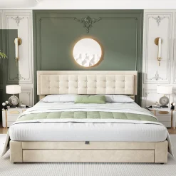 Okwish Lit coffre 160x200 cm - Lit coffre hydraulique avec 2 tiroirs et sommier à lattes - Velours - Sans Matelas - Beige