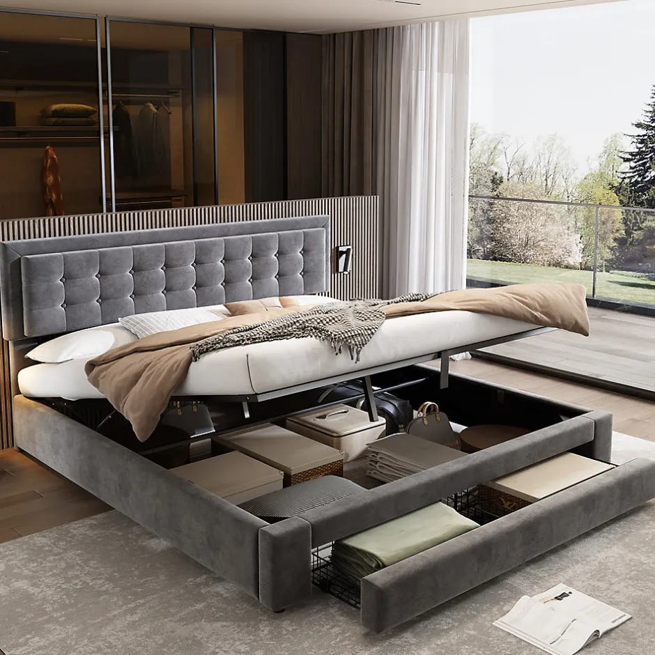 Generique Lit coffre 160x200 cm - Lit coffre hydraulique avec 2 tiroirs et sommier à lattes en bois - Velours - Sans Matelas - Gris
