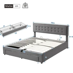 Generique Lit coffre 160x200 cm - Lit coffre hydraulique avec 2 tiroirs et sommier à lattes en bois - Velours - Sans Matelas - Gris