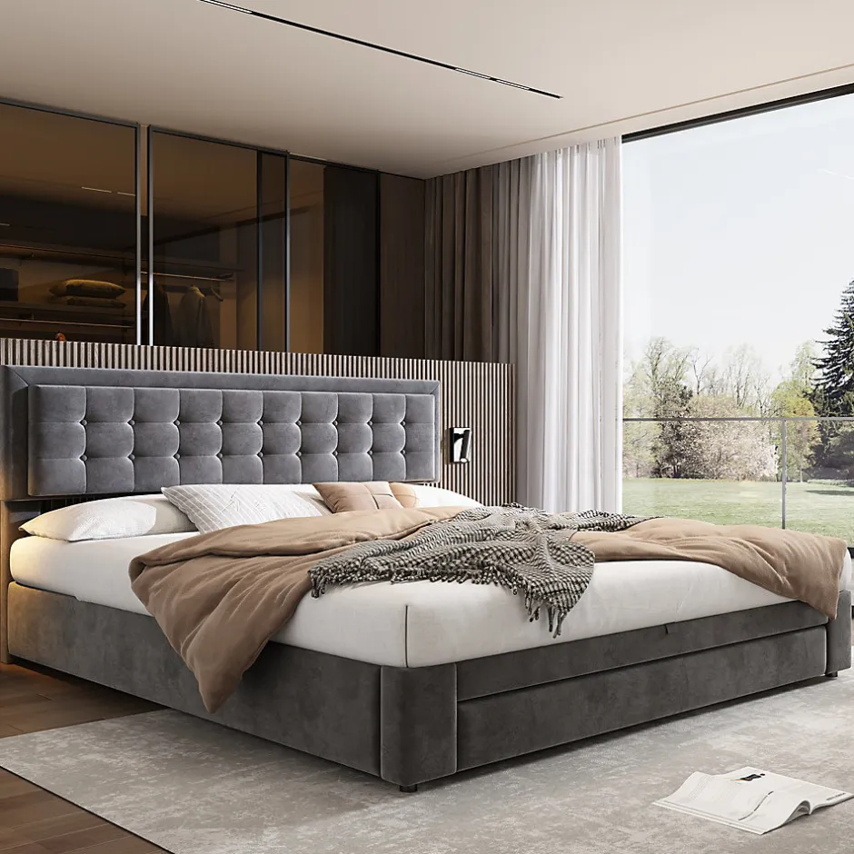 Generique Lit coffre 160x200 cm - Lit coffre hydraulique avec 2 tiroirs et sommier à lattes en bois - Velours - Sans Matelas - Gris