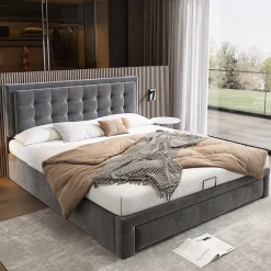 Generique Lit coffre 160x200 cm - Lit coffre hydraulique avec 2 tiroirs et sommier à lattes en bois - Velours - Sans Matelas - Gris