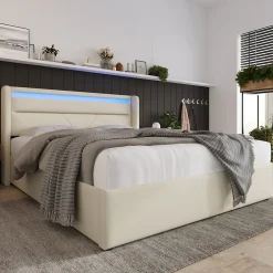 Okwish Lit Coffre 140x200 cm - Lit Coffre Capitonné Double avec Coffre Hydraulique et Tête de Lit LED, PU Blanc, Matelas Inclus