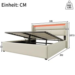 Okwish Lit Coffre 140x200 cm - Lit Coffre Capitonné Double avec Coffre Hydraulique et Tête de Lit LED, PU Blanc, Matelas Inclus