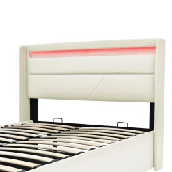 Okwish Lit Coffre 140x200 cm - Lit Coffre Capitonné Double avec Coffre Hydraulique et Tête de Lit LED, PU Blanc, Matelas Inclus