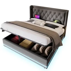 Generique Lit coffre 180x200 cm - Lit coffre hydraulique avec USB Type-C - Coton - Sans Matelas - Gris Hot