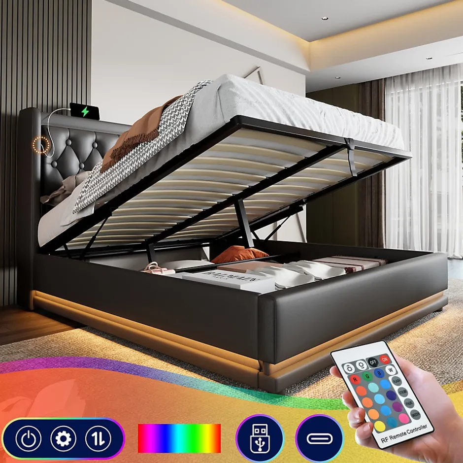 Generique Lit coffre 160x200 cm - Lit coffre hydraulique avec USB Type-C et LED - PU - Sans Matelas - Noir